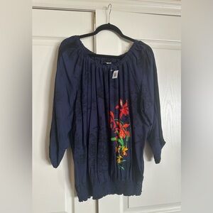 Desigual Navy Blouse with Colorful Floral Design